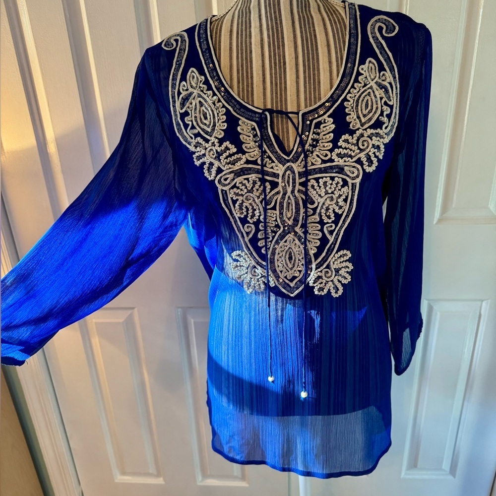 Boston Proper Blue Embellished Long Sleeve Tunic - Picture 3 of 10